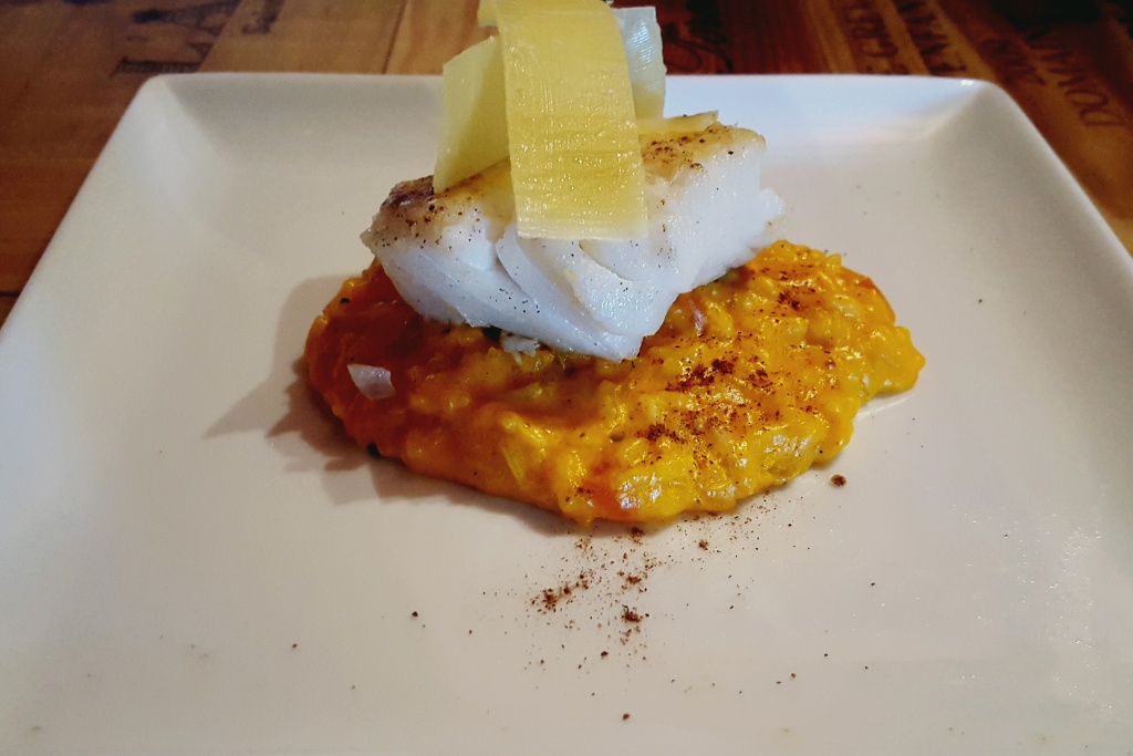 Dos de cabillaud, risotto potiron carotte, mascarpone & mimolette